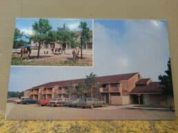 A postcard featuring a building complex with parked cars and images of horses outside.
