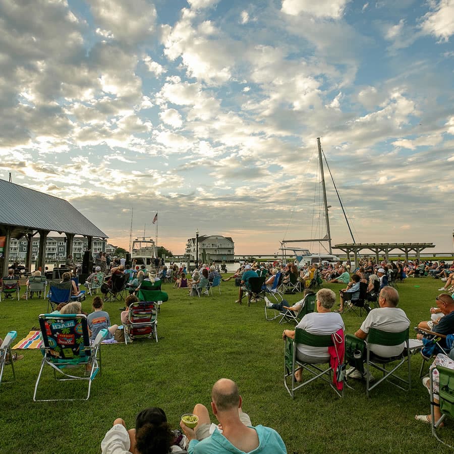 A large audience enjoys a live performance on a grassy area near a marina under a cloudy sky.