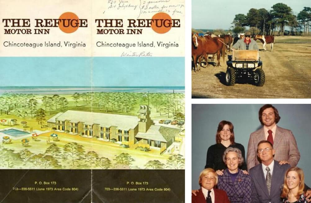 Collage featuring a vintage motel brochure, a horse-drawn cart scene, and a family portrait from the 1970s.