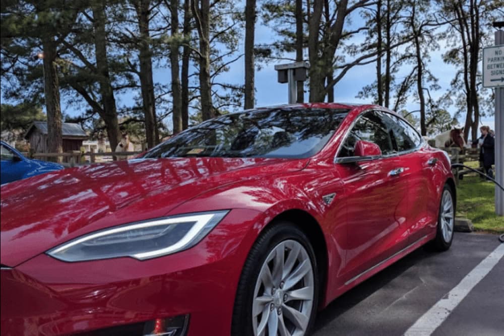 A red electric car parked among trees.